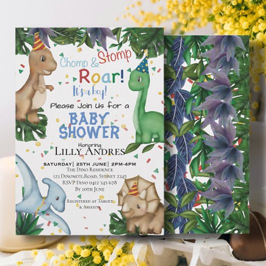 Invitation Dinosaures Baby shower | Stomp Chomp Roar!