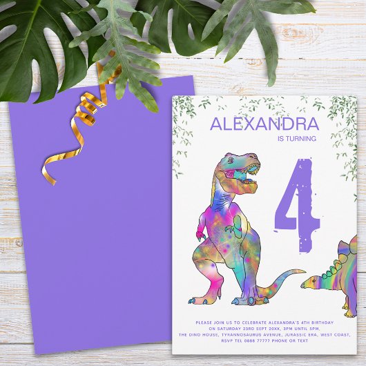 Invitation Dinosaures colorées Filles 4e fête d'anniversaire