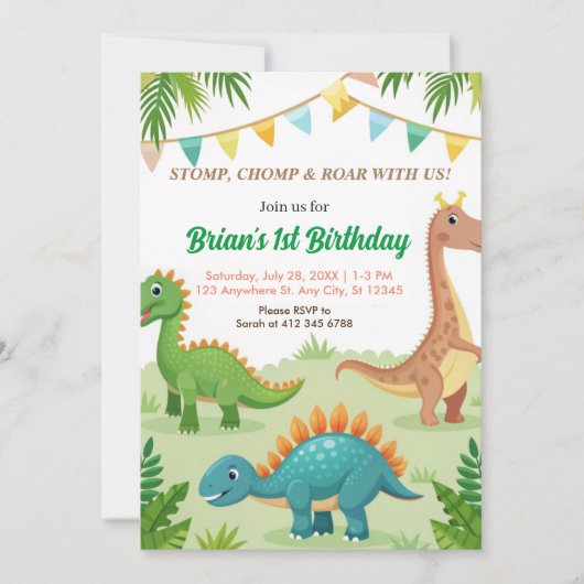 Invitation dinosaures colorés mignon garçon fête d'anniversai (Devant)
