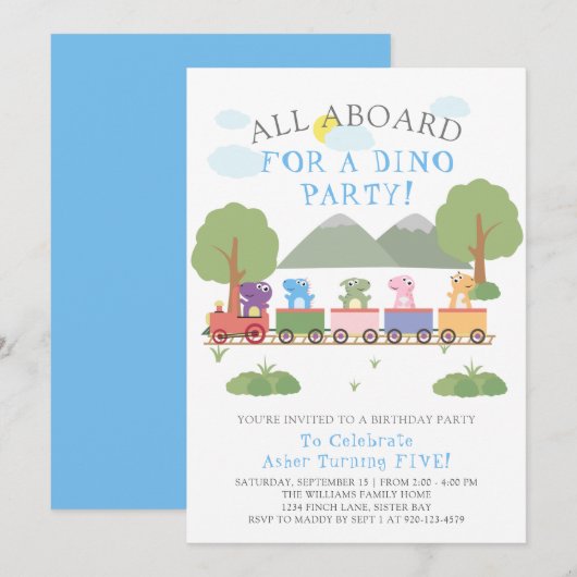 Invitation Dinosaures En Train Anniversaire (Devant / Derrière)