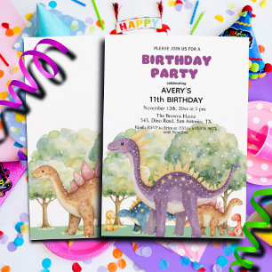 Invitation Dinosaures et arbres Colorée 11e fête d'anniversai