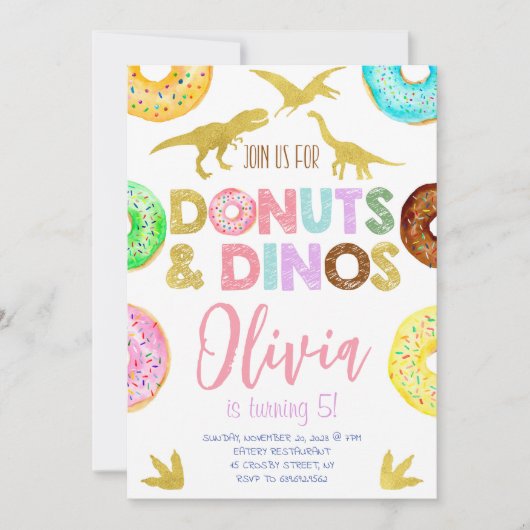 Invitation Dinosaures filles et beignets Anniversaire (Devant)