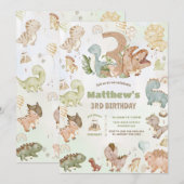 Invitation Dinosaures joyeux 3ème anniversaire trois (Devant / Derrière)