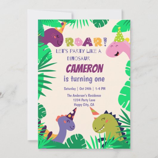 Invitation Dinosaures mignonette Roar Lets Amusants 1er Anniv (Devant)