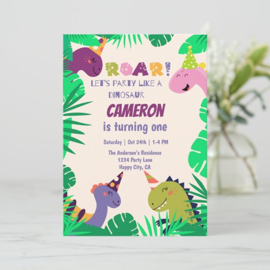 Invitation Dinosaures mignonette Roar Lets Amusants 1er Anniv (Debout devant)