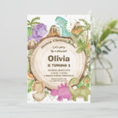 Invitation Dinosaures mignonnes Fille 1er anniversaire (Debout devant)