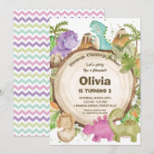 Invitation Dinosaures mignonnes Fille 1er anniversaire (Devant / Derrière)