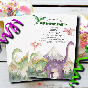 Invitation Dinosaures & Montagnes Coloré 7ème anniversaire fê