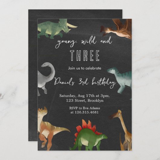 Invitation Dinosaures noir et coloré imprimable Anniversaire (Devant / Derrière)