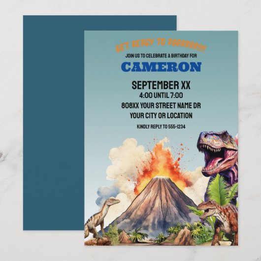 Invitation Dinosaures réalistes et volcan (Devant / Derrière)