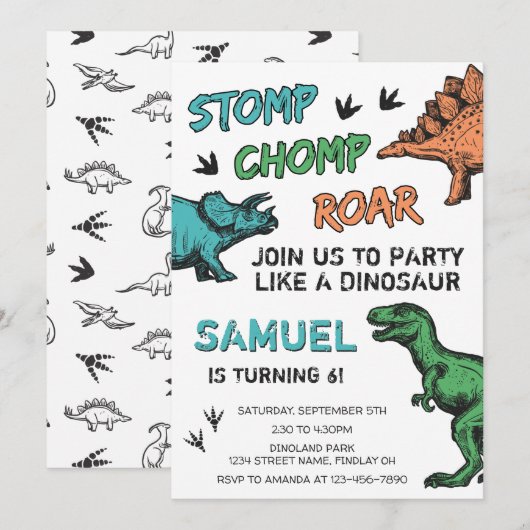 Invitation Dinosaures Stomp Chomp Roar Anniversaire fête, n'i (Devant / Derrière)