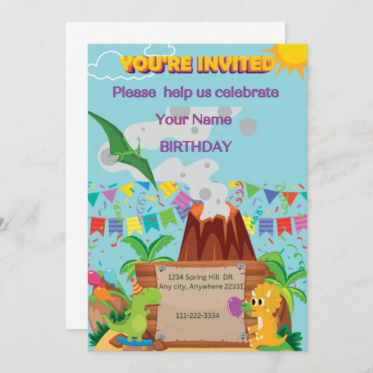 Invitation Dinosuar Volcano Boy Anniversaire (Devant / Derrière)