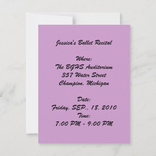 Invitation D'INVITATION À LA FÊTE Ballet Ballerina (Dos)