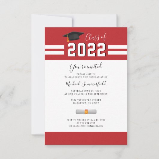 Invitation Diplômé 2022 Rouge Blanc Moderne Simple Remise des (Devant)