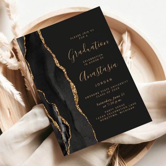 Invitation Diplôme 2026 Noir Or Agate Foncé