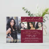 Invitation Diplômé 4 Photo Script Or Élégant Bourgogne (Debout devant)