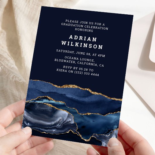 Invitation Diplôme Agate Bleu Marine et Or