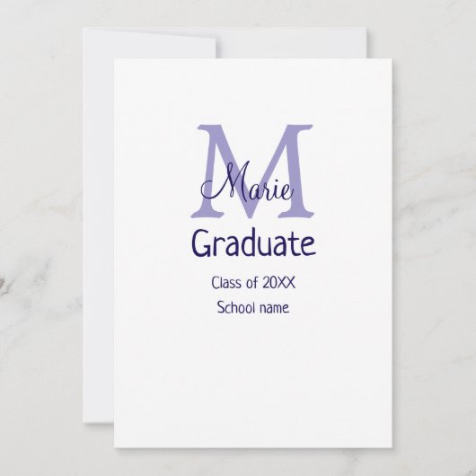 Invitation Diplômé ajouter nom monogramme violet simple minim (Devant)