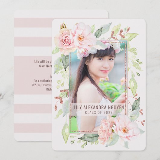 Invitation Diplôme | Aquarelle Blush Rose Floral (Devant / Derrière)