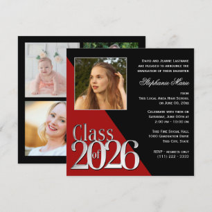Invitation Diplômé Argent 2026 Rouge avec Photo