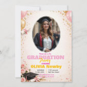 Invitation 🎓Diplôme avec code QR Rose & Ballon Lumineux Grad (Devant)