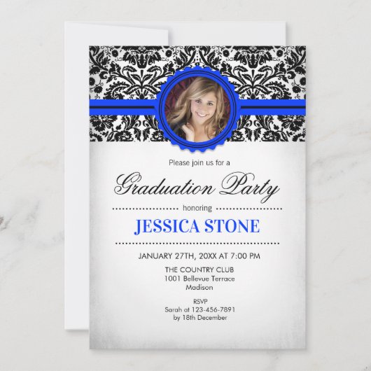 Invitation Diplôme avec photo - Royal Blue Black White (Devant)