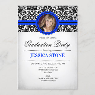Invitation Diplôme avec photo - Royal Blue Black White