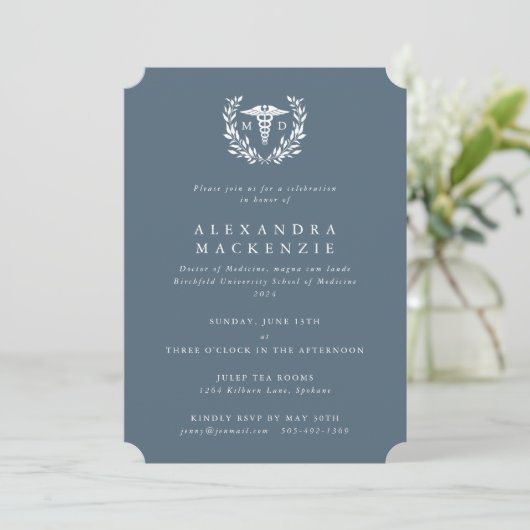Invitation Diplôme Caducée MD + Couronne de Laurier Bleu-Gris (Debout devant)