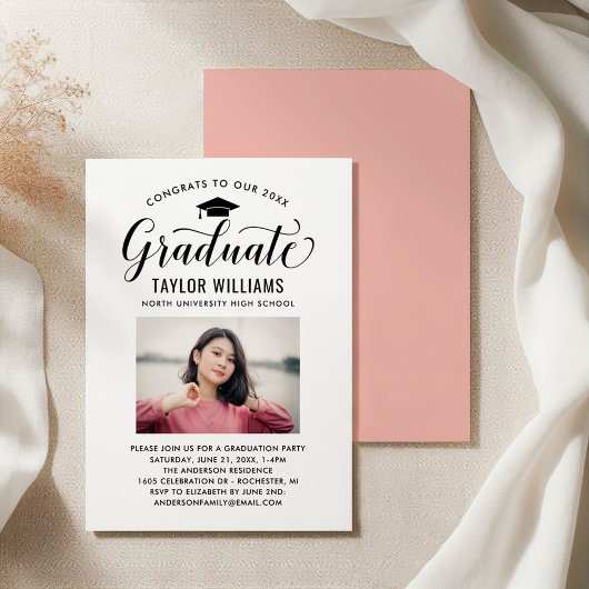 Invitation Diplômé Calligraphie Photo Rose Gold Graduation