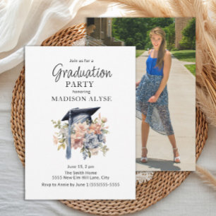 Invitation Diplôme Cap bleu rose floral photo Graduation