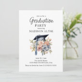 Invitation Diplôme Cap bleu rose floral photo Graduation (Debout devant)