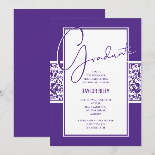Invitation Diplôme damassé violet et blanc (Devant / Derrière)