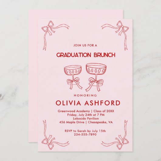 Invitation Diplôme de Brunch élégant rouge et rose (Devant / Derrière)