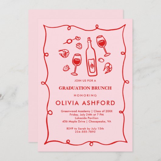 Invitation Diplôme de Brunch élégant rouge et rose (Devant / Derrière)