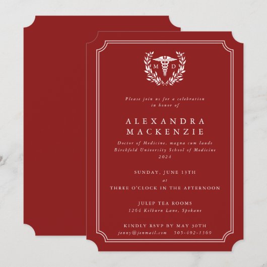 Invitation Diplôme de Caducée MD Rouge/Blanc (Devant / Derrière)