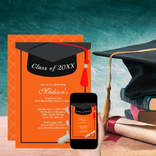 Invitation Diplôme de Casquette noir Orange Graduation Party