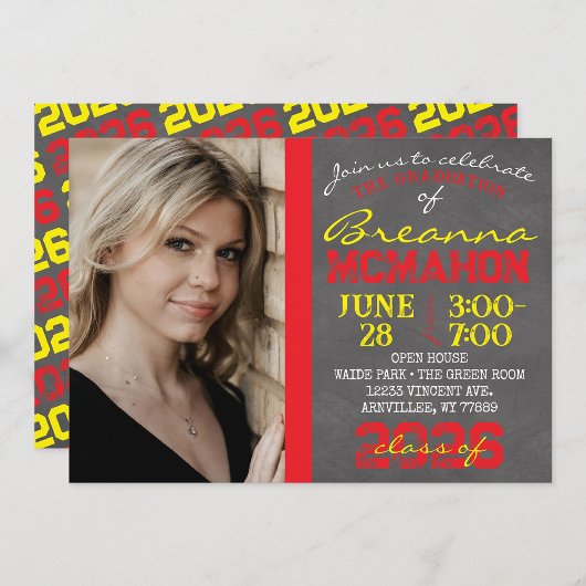 Invitation Diplôme de Chalkboard moderne rouge et jaune