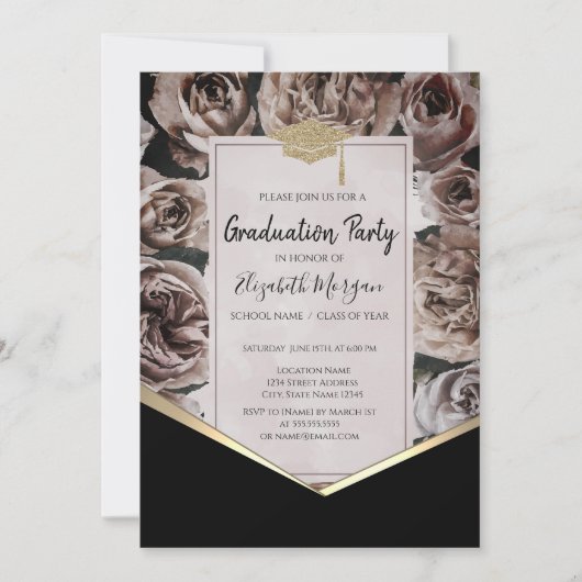 Invitation Diplôme de fin d'études en or, Roses (Devant)