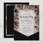 Invitation Diplôme de fin d'études en or, Roses (Devant / Derrière)