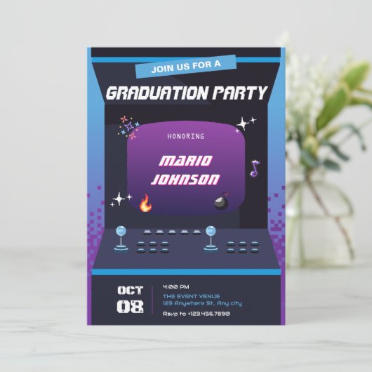 Invitation Diplôme de jeu Pixel (Debout devant)