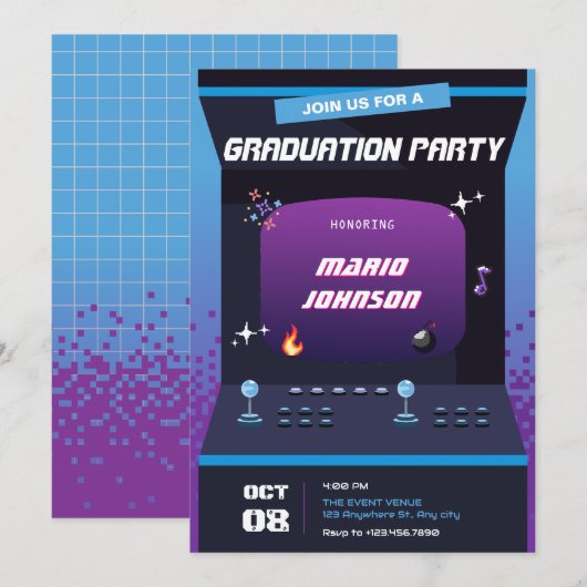 Invitation Diplôme de jeu Pixel (Devant / Derrière)