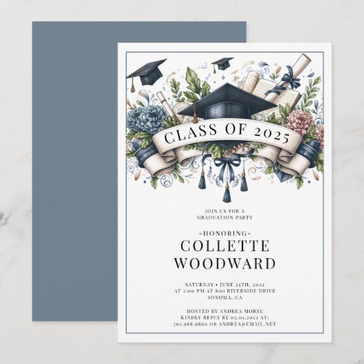 Invitation Diplôme de la casquette Floral Banner Grad Party (Devant / Derrière)