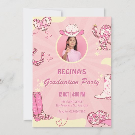 Invitation Diplôme de la discothèque de cowgirl rose (Devant)