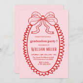 Invitation Diplômé de lycée dessiné à la main en rose et roug (Devant / Derrière)