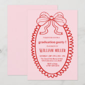 Invitation Diplômé de Lycée Illustré à la Main en Rose et Rou (Devant / Derrière)