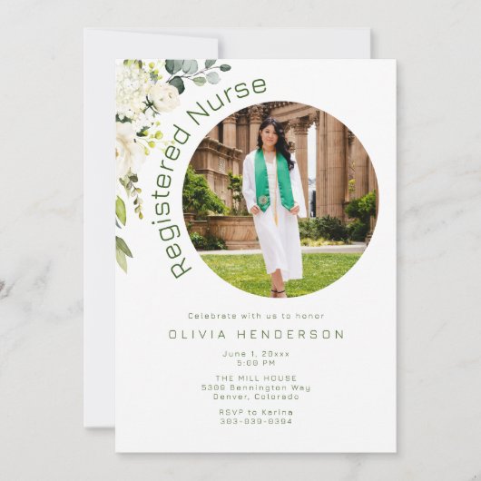 Invitation Diplôme de photo florale blanche et verte (Devant)