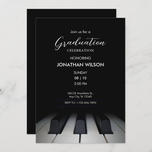 Invitation Diplôme de piano noir (Devant / Derrière)