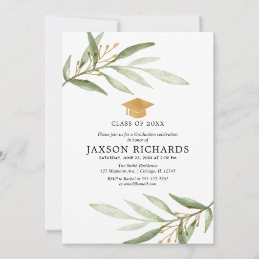 Invitation Diplôme de verdure, gris or vert moderne simple (Devant)