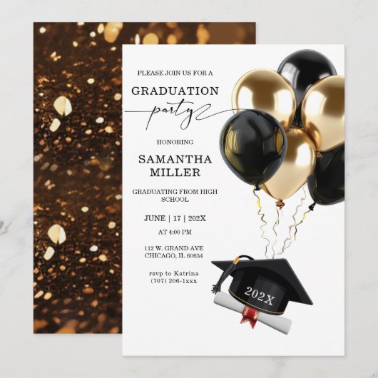 Invitation Diplômé d'études secondaires Or et Noir (Devant / Derrière)