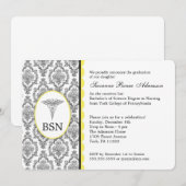 Invitation Diplôme d'infirmière BSN RN damas jaune noir (Devant / Derrière)